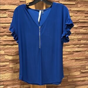 NY Collection Blue Flutter Sleeve Blouse with Silver Zipper